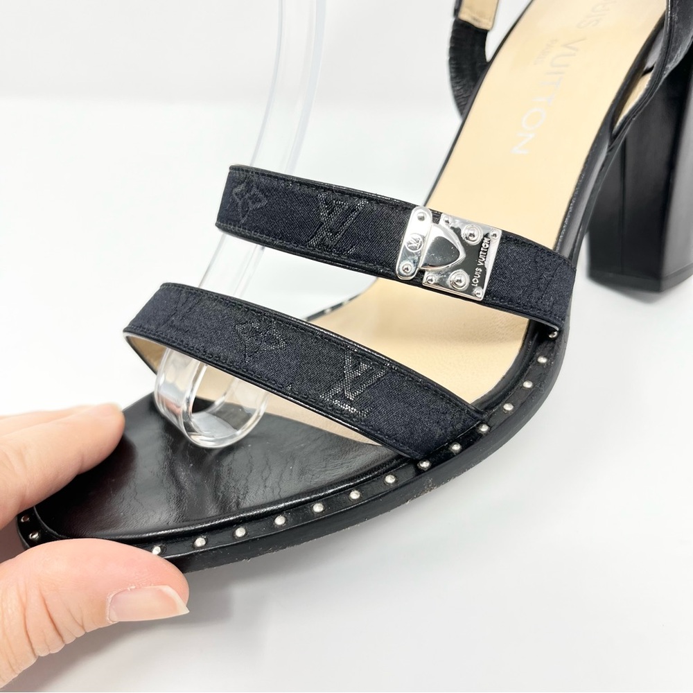Louis Vuitton Mini Lin Logo Monogram Black Sandals High Heels Shoes Womens 40 10 - Picture 2 of 12